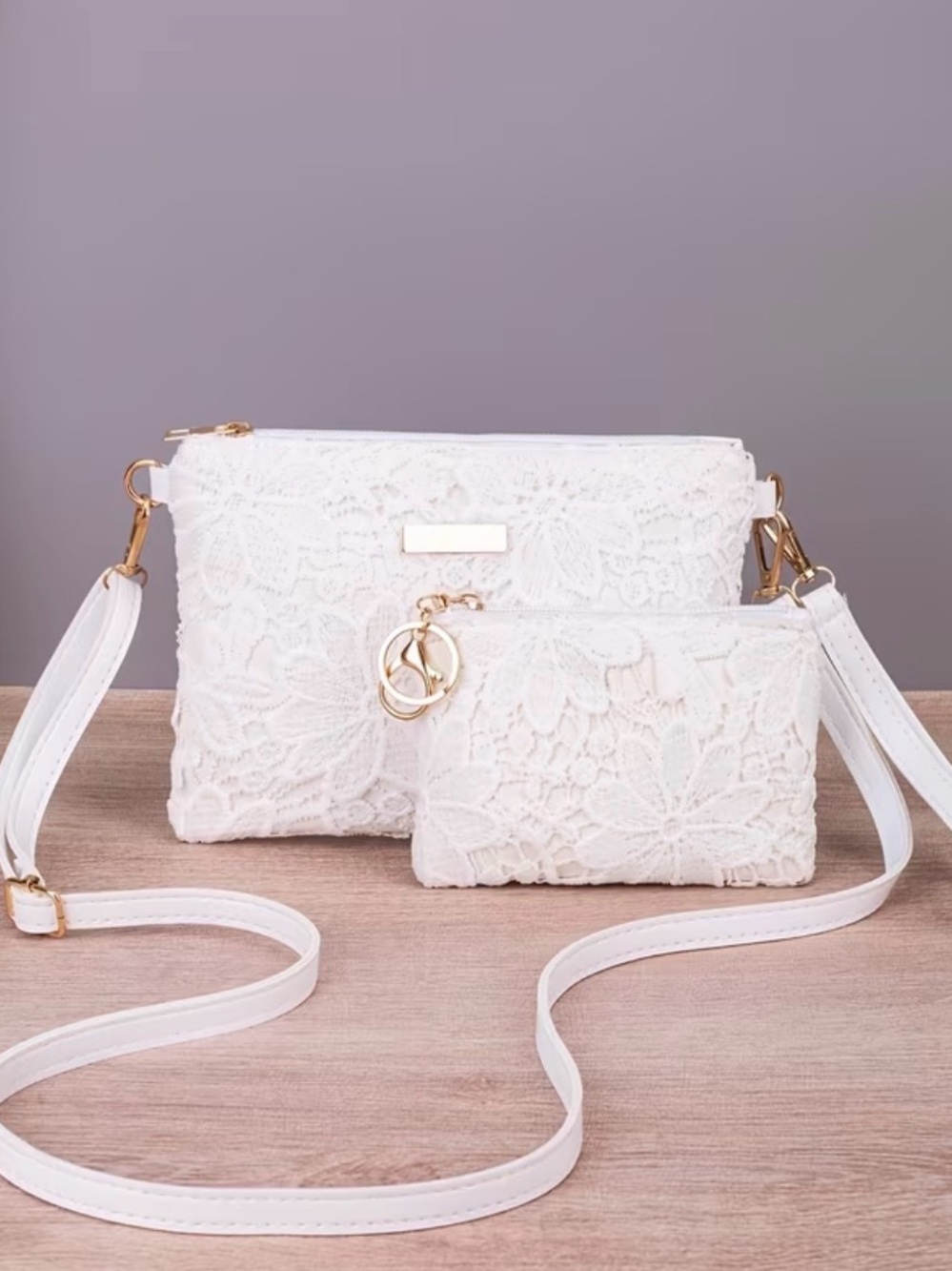 White Lace Crossbody and Pouch Set - Elegant Womenโs Bag